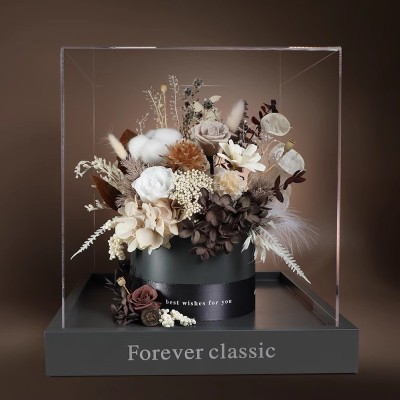 Earth-Tone Preserved Rose Bouquet in Acrylic Box - Brown or Red