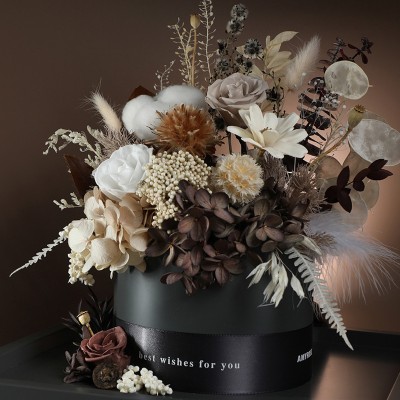 Earth-Tone Preserved Rose Bouquet in Acrylic Box - Brown or Red