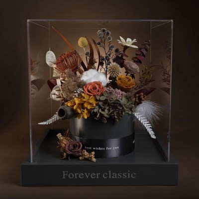 Earth-Tone Preserved Rose Bouquet in Acrylic Box - Brown or Red