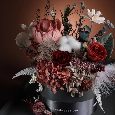 Earth-Tone Preserved Rose Bouquet in Acrylic Box - Brown or Red