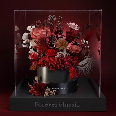 Earth-Tone Preserved Rose Bouquet in Acrylic Box - Brown or Red