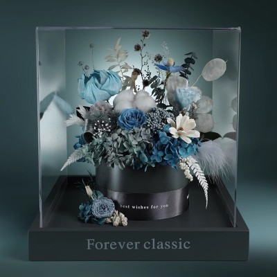 Colorful Preserved Rose Bouquet in Acrylic Box - Blue, Orange or Mint