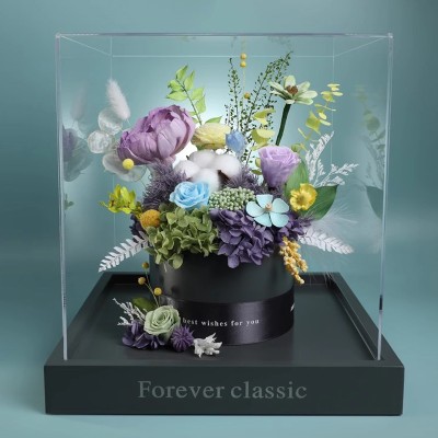 Colorful Preserved Rose Bouquet in Acrylic Box - Blue, Orange or Mint