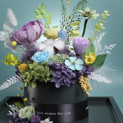 Colorful Preserved Rose Bouquet in Acrylic Box - Blue, Orange or Mint