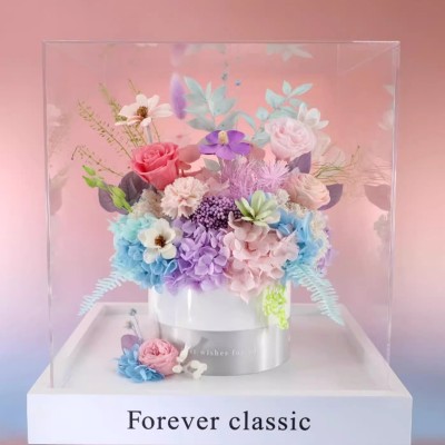Pastel Preserved Rose Bouquet in Acrylic Box - Pink, Blue or Purple