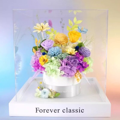 Colorful Preserved Rose Bouquet in Acrylic Box - Blue, Orange or Mint