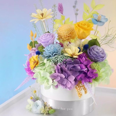 Colorful Preserved Rose Bouquet in Acrylic Box - Blue, Orange or Mint