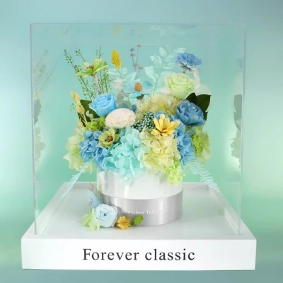 Colorful Preserved Rose Bouquet in Acrylic Box - Blue, Orange or Mint