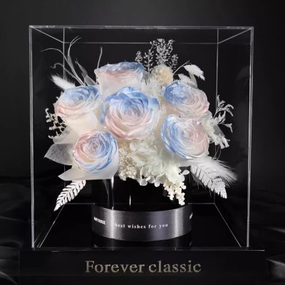 Pastel Preserved Rose Bouquet in Acrylic Box - Pink, Blue or Purple