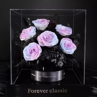Pastel Preserved Rose Bouquet in Acrylic Box - Pink, Blue or Purple