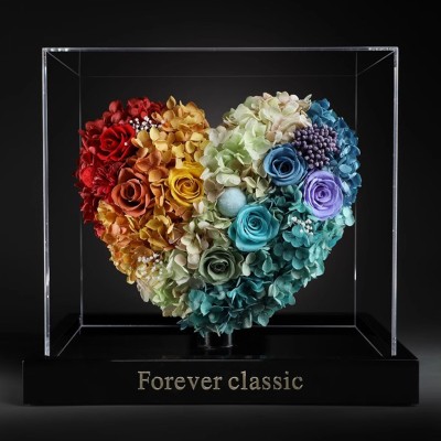 Colorful Preserved Rose Heart in Acrylic Box - Rainbow, White or Lavender