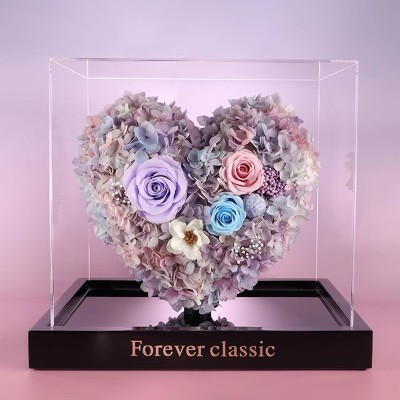 Colorful Preserved Rose Heart in Acrylic Box - Rainbow, White or Lavender