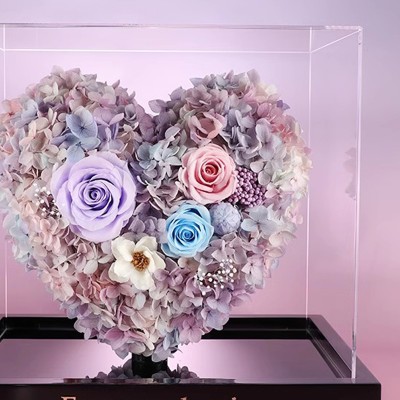 Colorful Preserved Rose Heart in Acrylic Box - Rainbow, White or Lavender