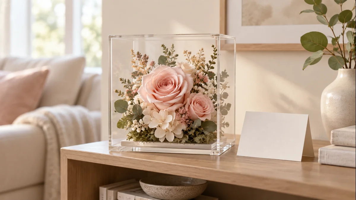 Illustrative preserved blush roses in a clear display box beside a blank card on an adult living-room shelf