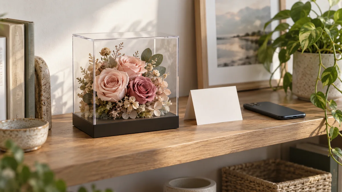 Illustrative small preserved-looking rose display with a blank card and phone on an indoor shelf