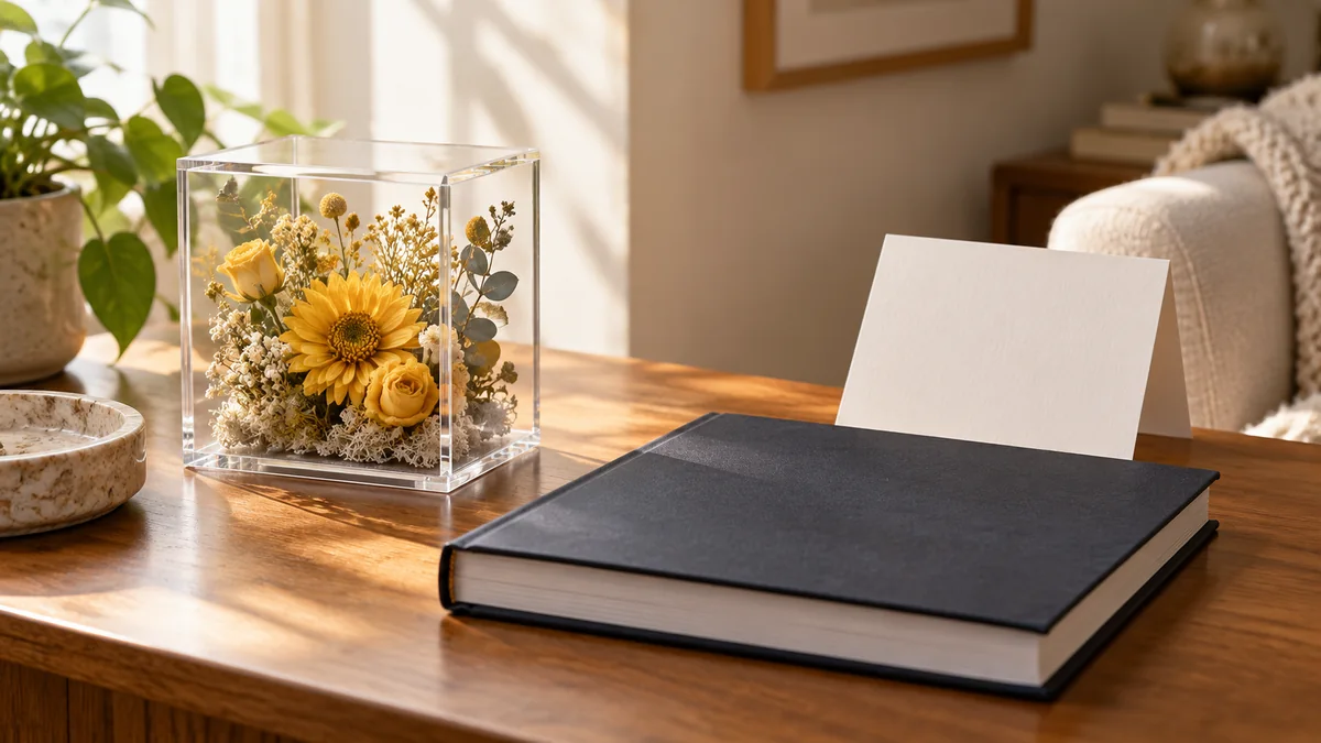 Illustrative flower display beside a closed manuscript and blank card in a home setting