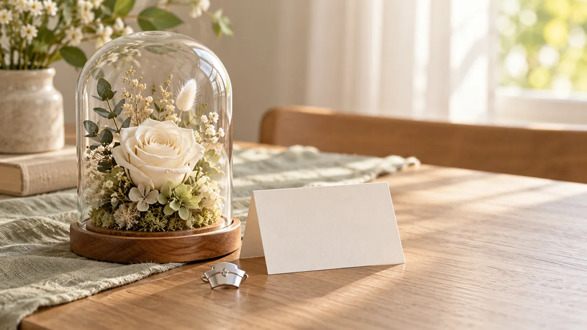 An optional flower gift after a nursing pinning ceremony Conceptual preserved rose display, blank card and small nurse-cap pin on a home table after a pinning ceremony