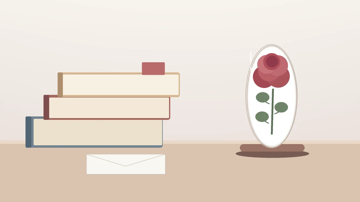 Conceptual illustration of a rose display beside blank books and a blank card on a reading table