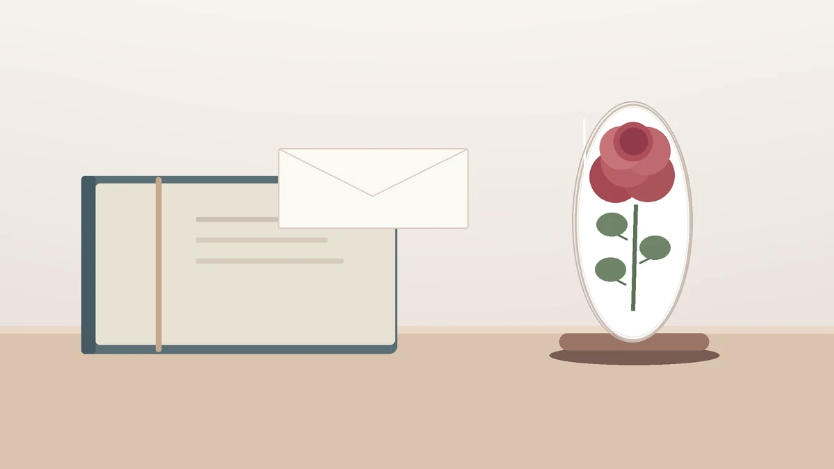 Conceptual preserved rose display beside a blank planning notebook and thank-you card