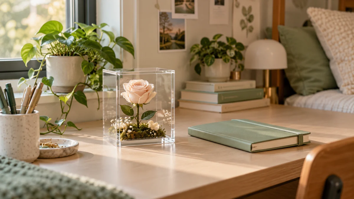 A preserved-flower display considered for a college dorm desk Conceptual covered preserved rose display on a student desk beside a notebook
