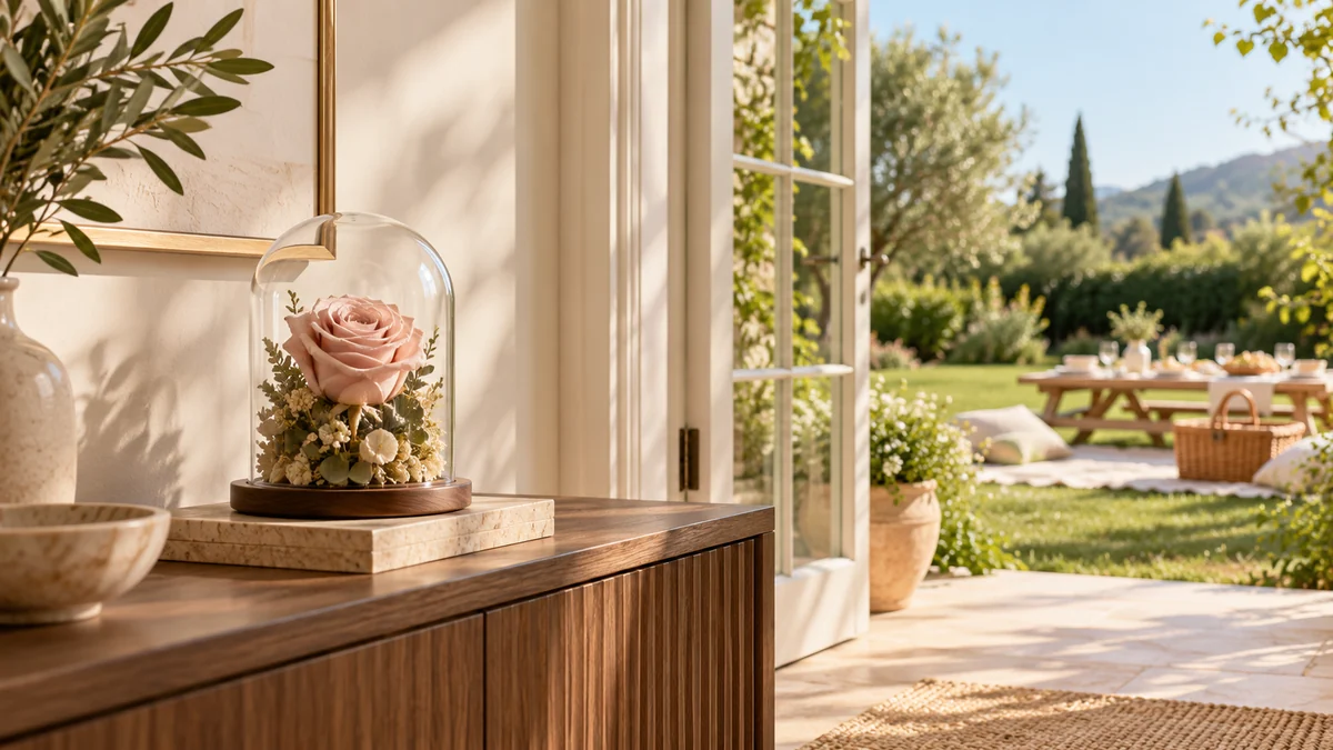 Conceptual covered rose display kept inside while a picnic takes place in the garden
