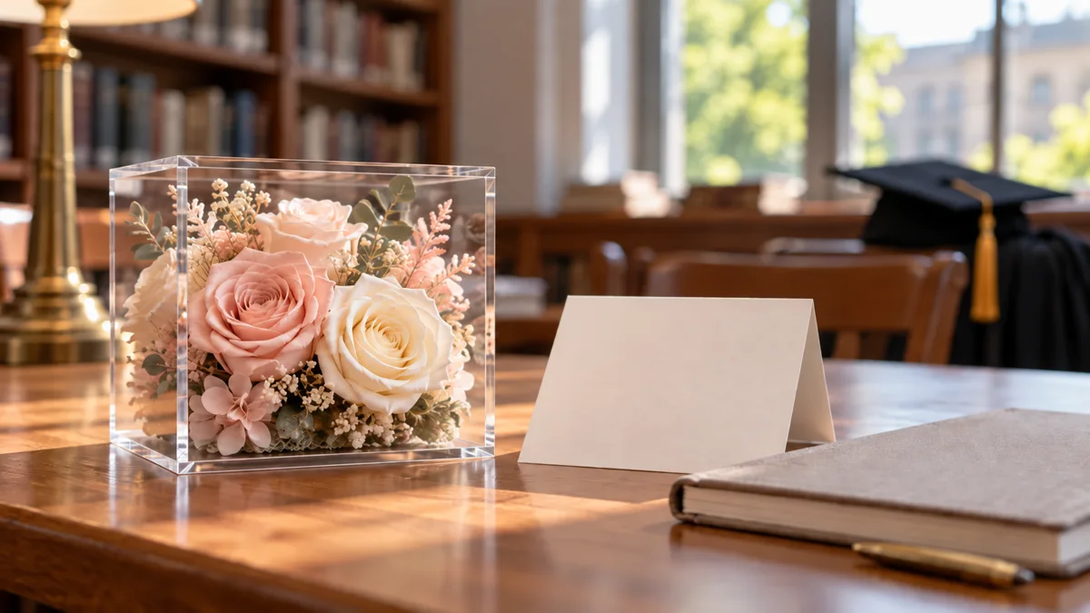 Illustrative pale roses in a clear display box beside a blank note on a library table after graduation