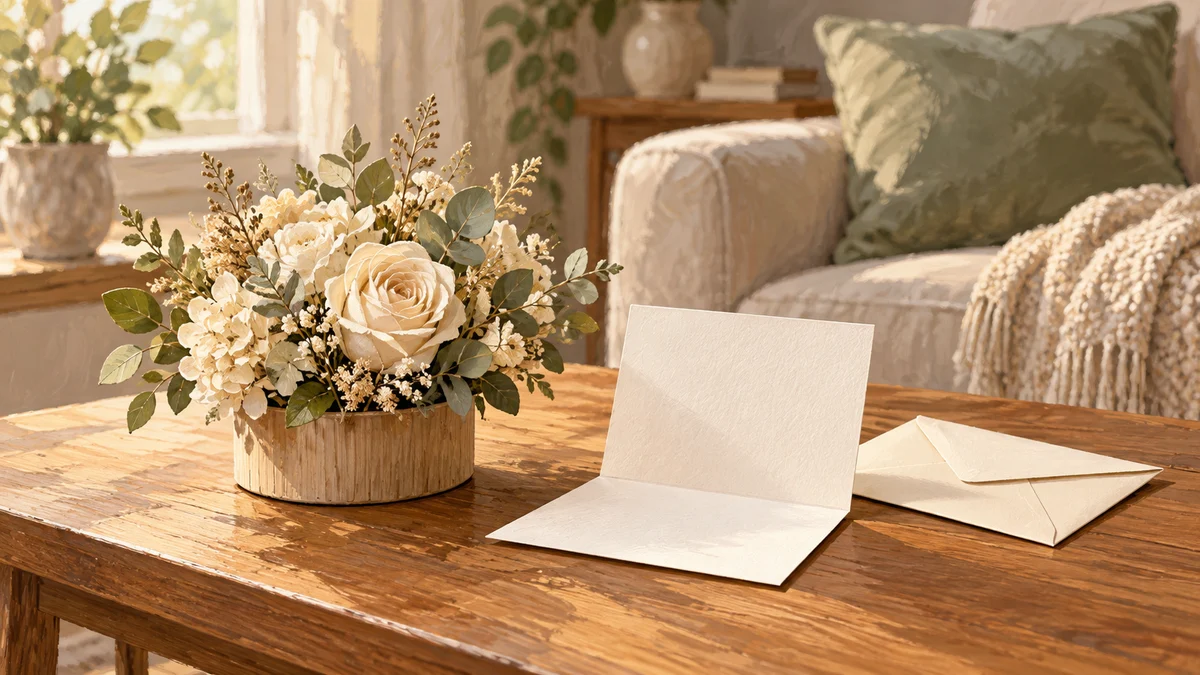 Original illustration of a modest botanical keepsake beside a blank note and envelope on a wooden table