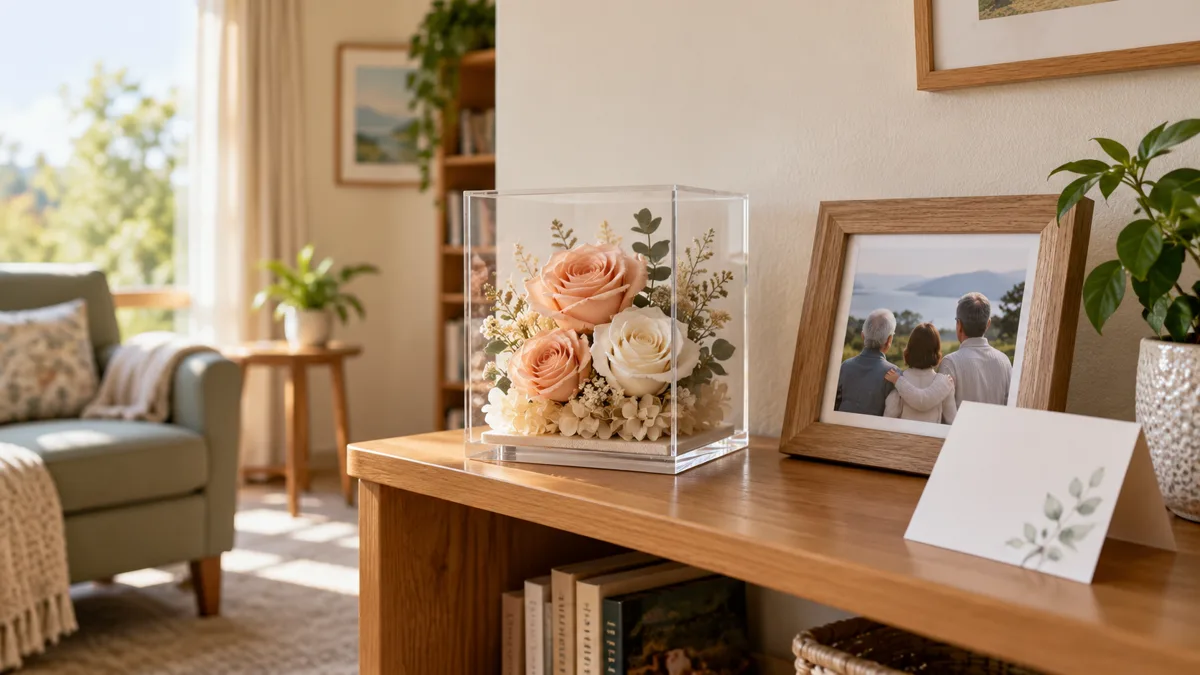 Illustrative small preserved-looking rose display on a tidy shelf beside a card and family picture