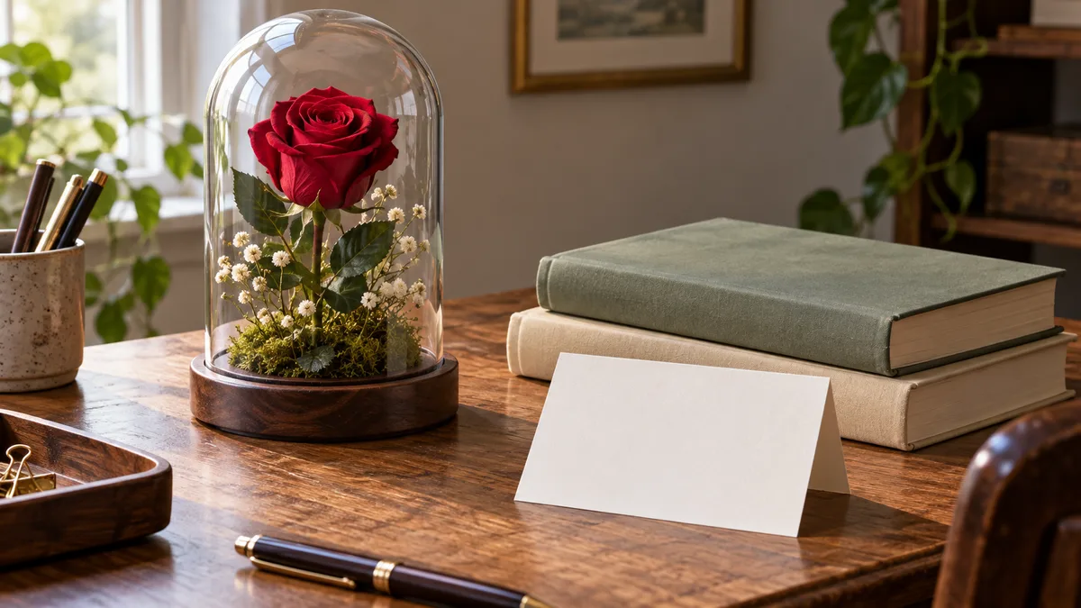 Illustrative writing desk with rose display, blank books and a blank card