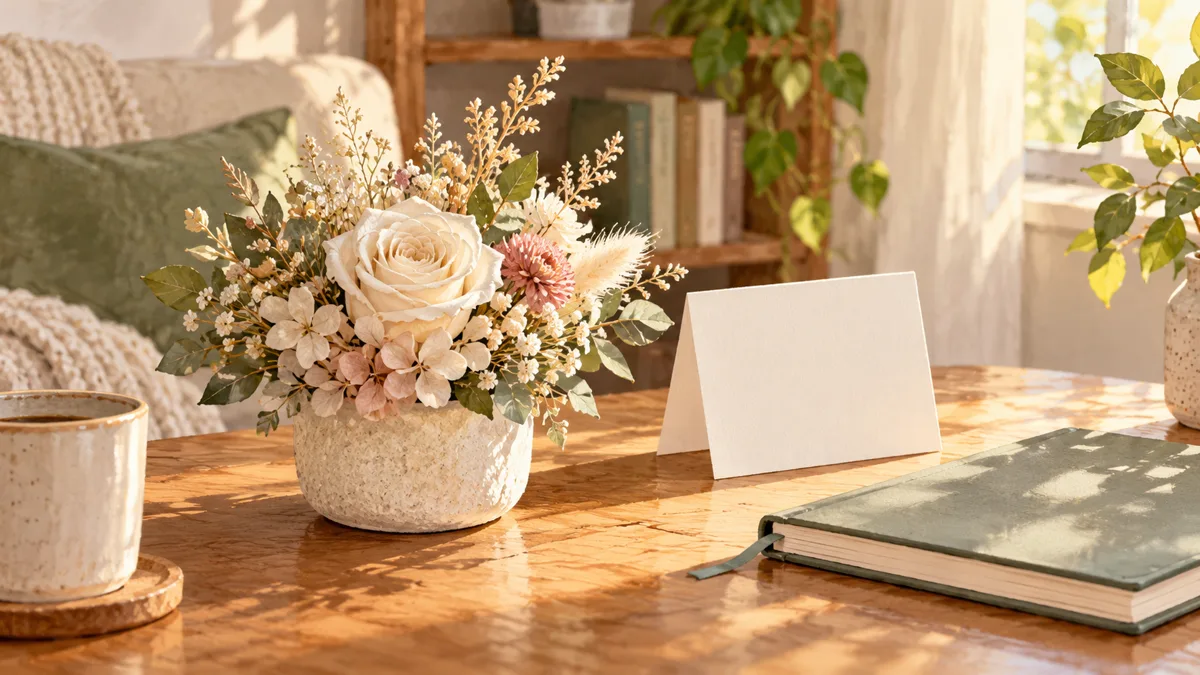 A quiet, optional bar-exam-result gift idea Conceptual illustration of a small botanical display, blank card and closed notebook on a sunlit home table