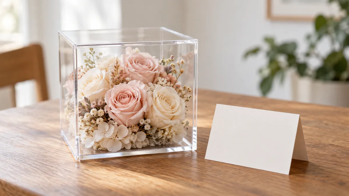 Illustrative pale preserved roses in a clear display box beside a blank thank-you card on a home table