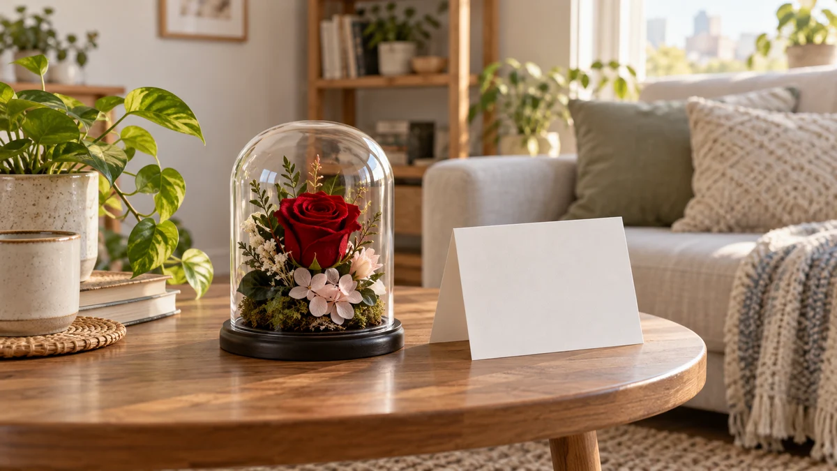 Illustrative rose display beside a blank greeting card on a home table