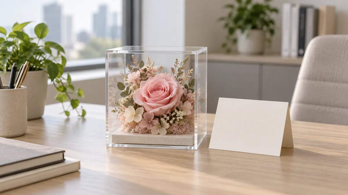 Illustrative pale pink preserved rose in a clear box beside a blank card on an office table