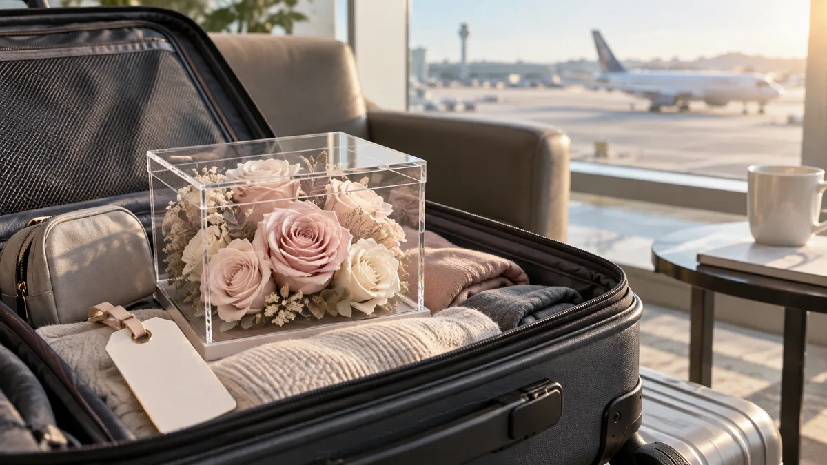 Illustrative preserved-looking roses in a clear box beside an open travel bag at an airport