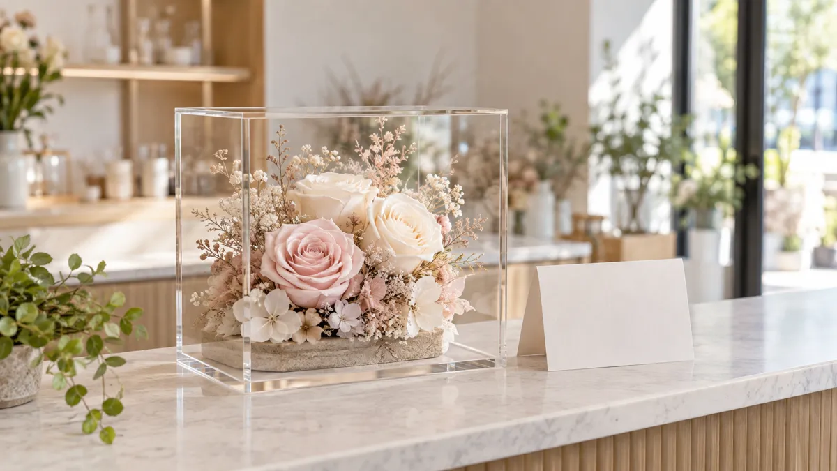 Illustrative preserved roses in a clear box with a blank card on a small-business reception counter