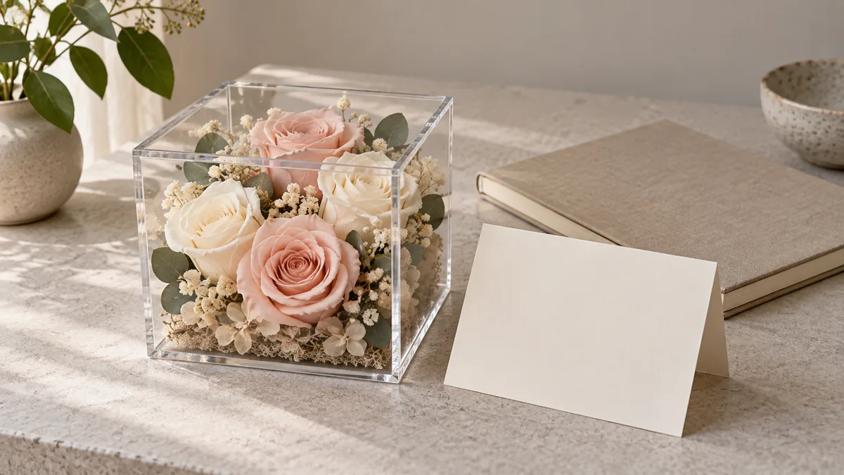 Illustrative pale roses in a clear display box beside an unwritten thank-you card and neutral notebook