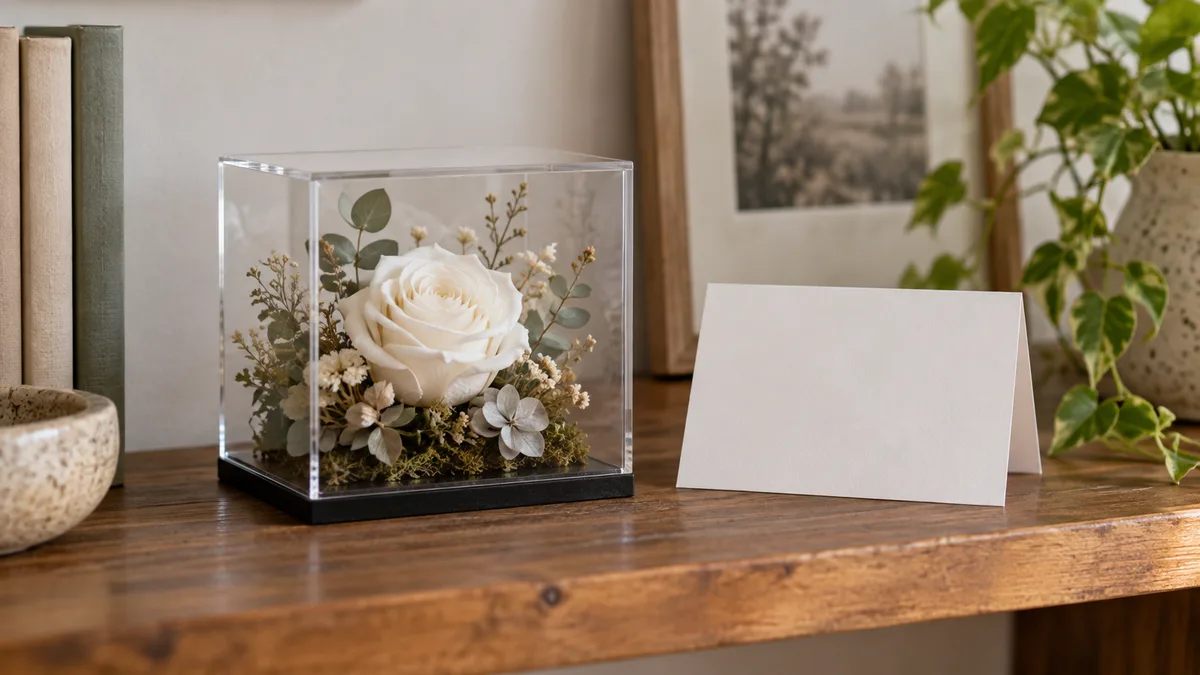 Illustrative white preserved rose in a clear box beside an unaddressed blank sympathy card on an adult shelf