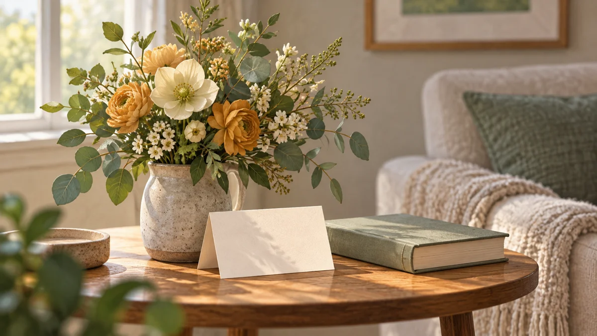 Original illustration of a small botanical keepsake, blank folded note and closed book on a quiet side table